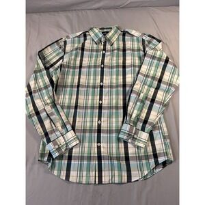old navy slim fit plaid‎ button down shirt mens large green blue